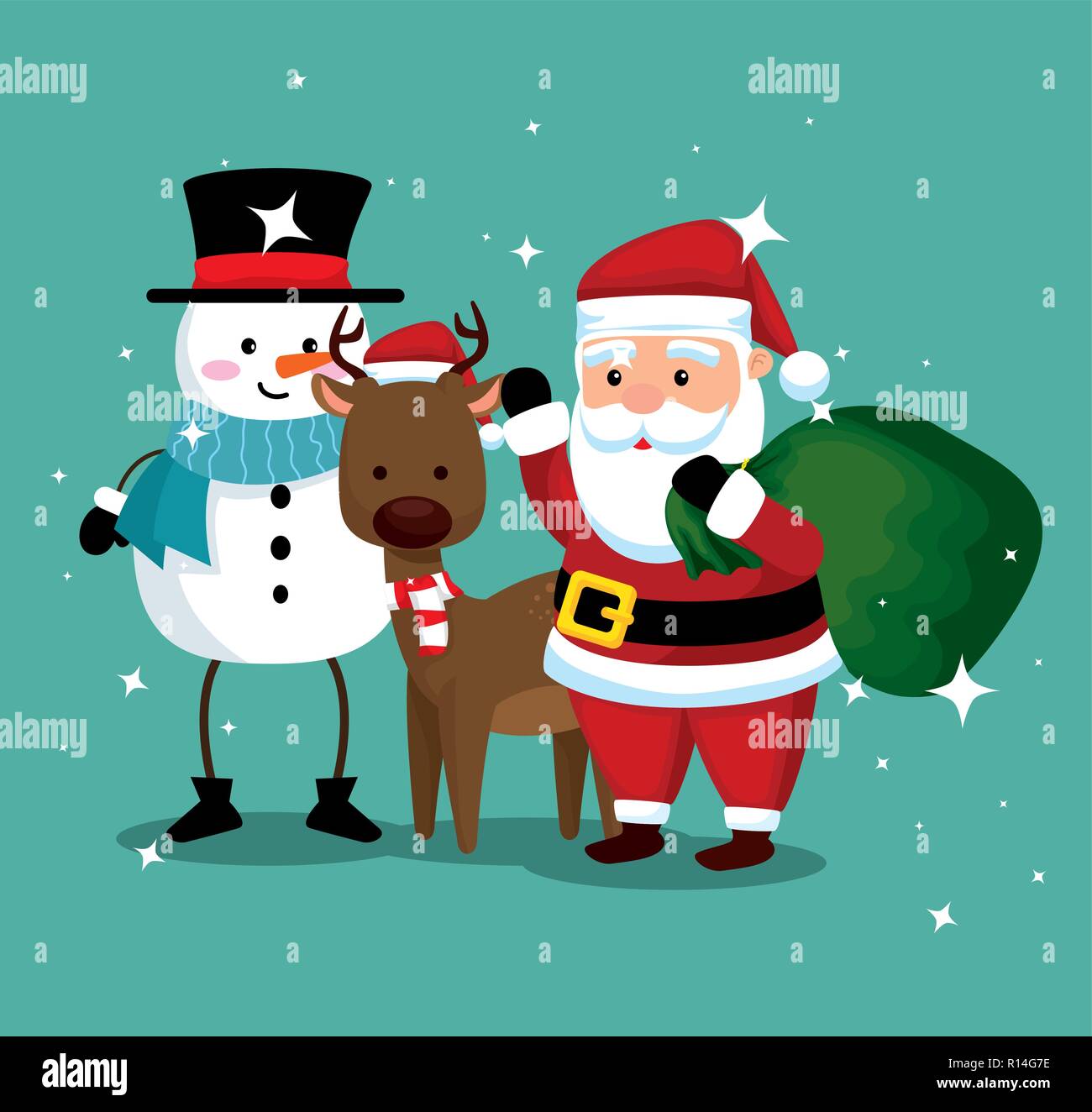 snowman with deer and santa claus with bag vector illustration Stock ...