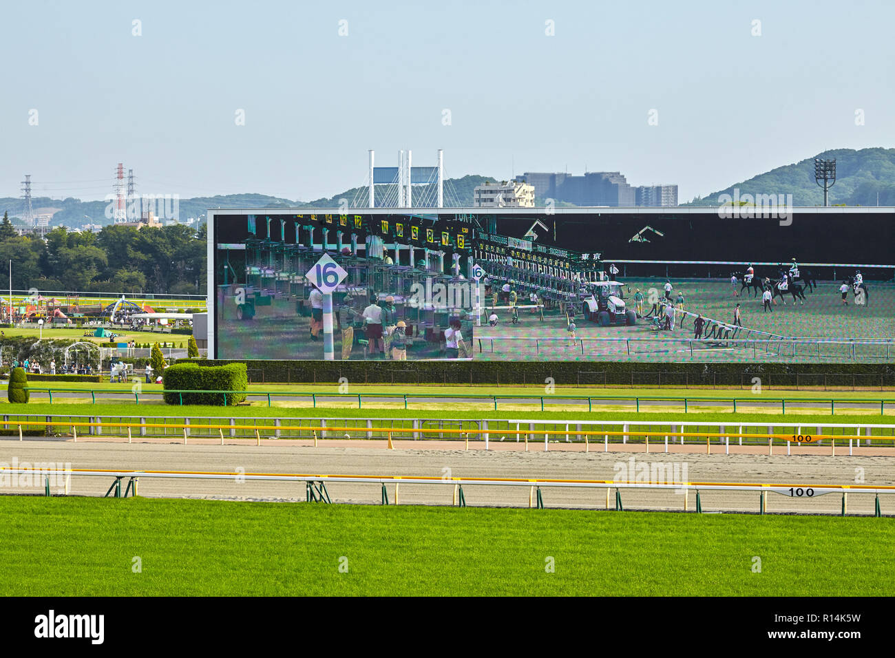 View of Tokyo racecources with one of the world's largest video screen showing racecources in minute details. Japan, Tokyo 22 of April Stock Photo