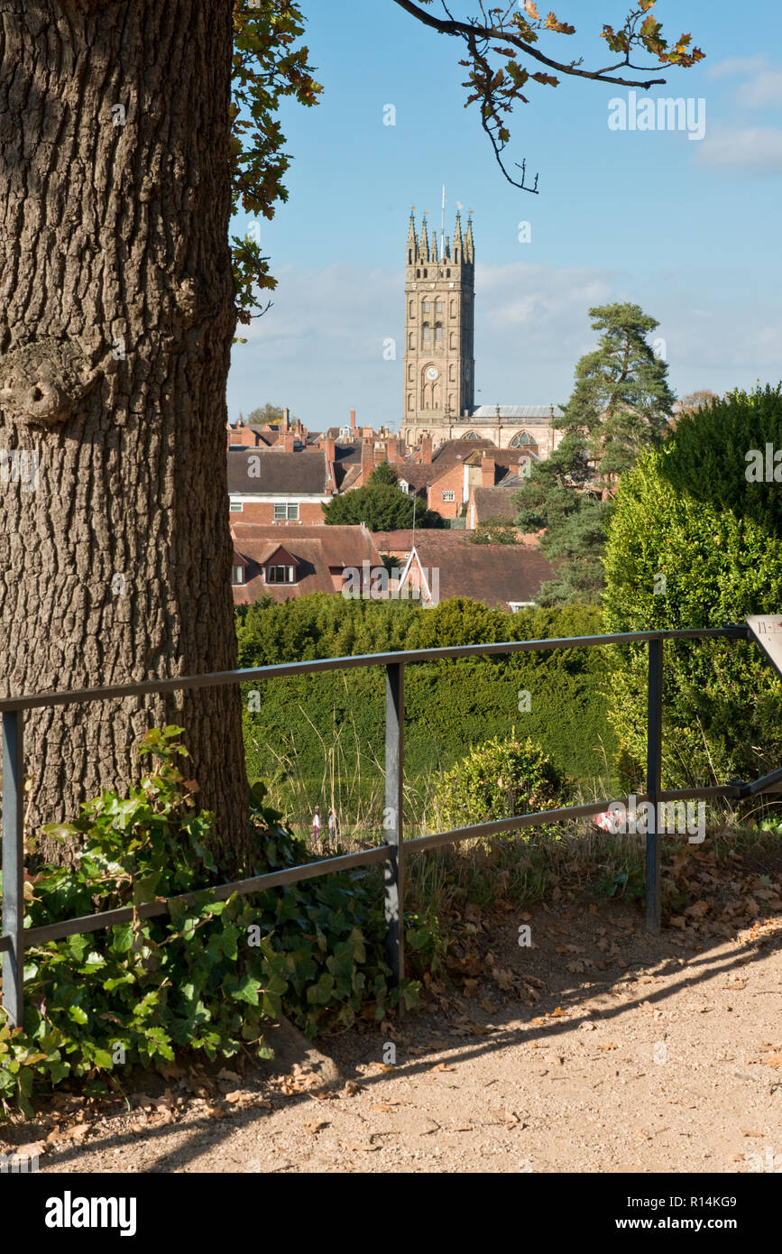 View from castle mound across to St Marys Church of Warwick City Stock Photo