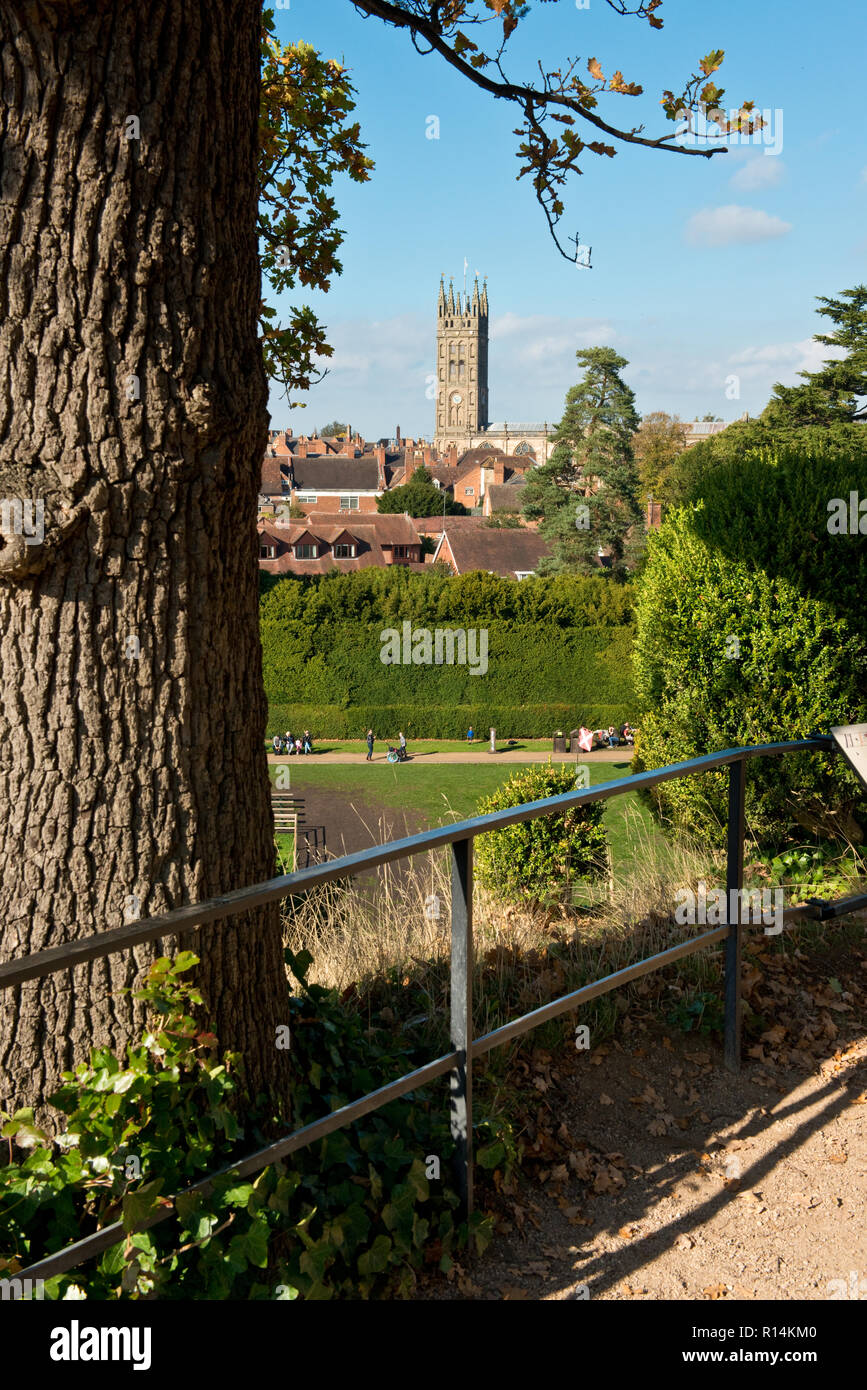 View from castle mound across to St Marys Church of Warwick City Stock Photo