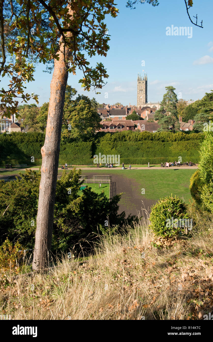 View from castle mound across to St Marys Church of Warwick City Stock Photo