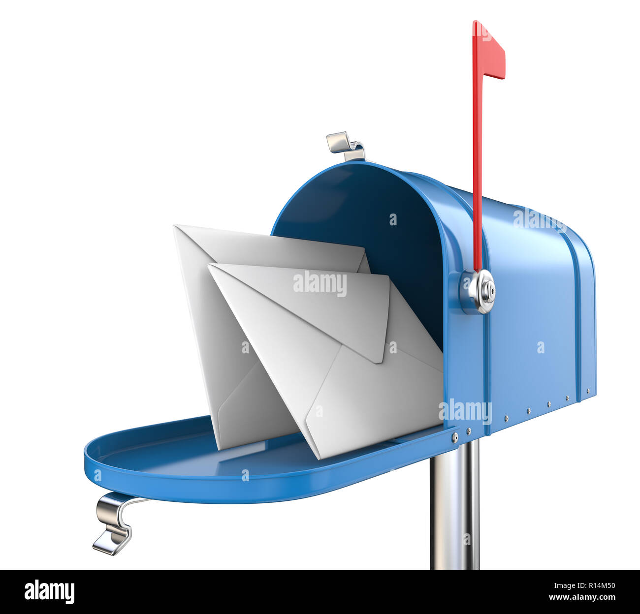 Blue Mailbox, open with 2 envelopes. Isolated on white background. 3D render. Stock Photo