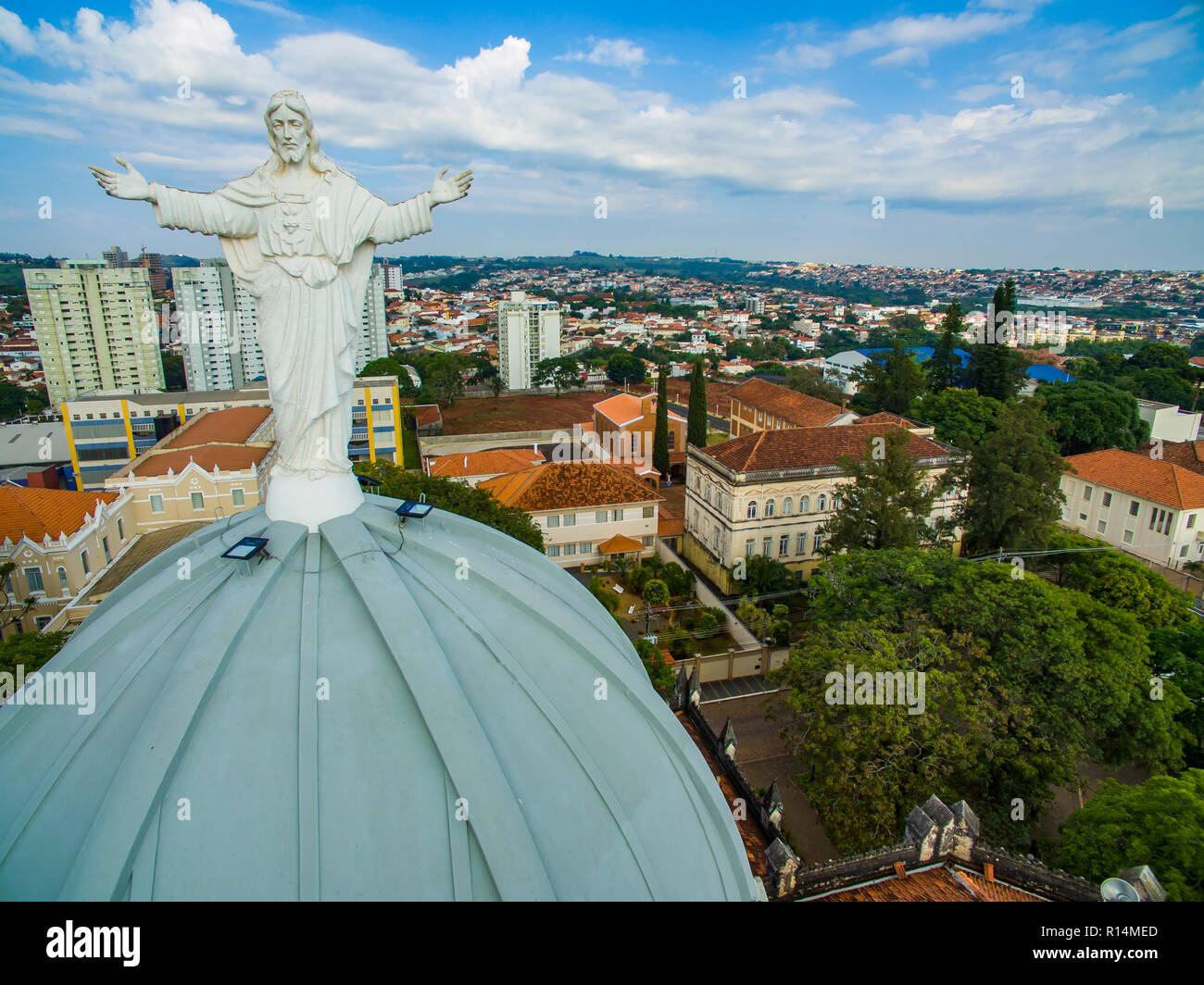 Statue of Jesus Christ on top of the Catholic Church, Cathedral of Sant'Ana, City of Botucatu, Sao Paulo State Brazil South America. Stock Photo