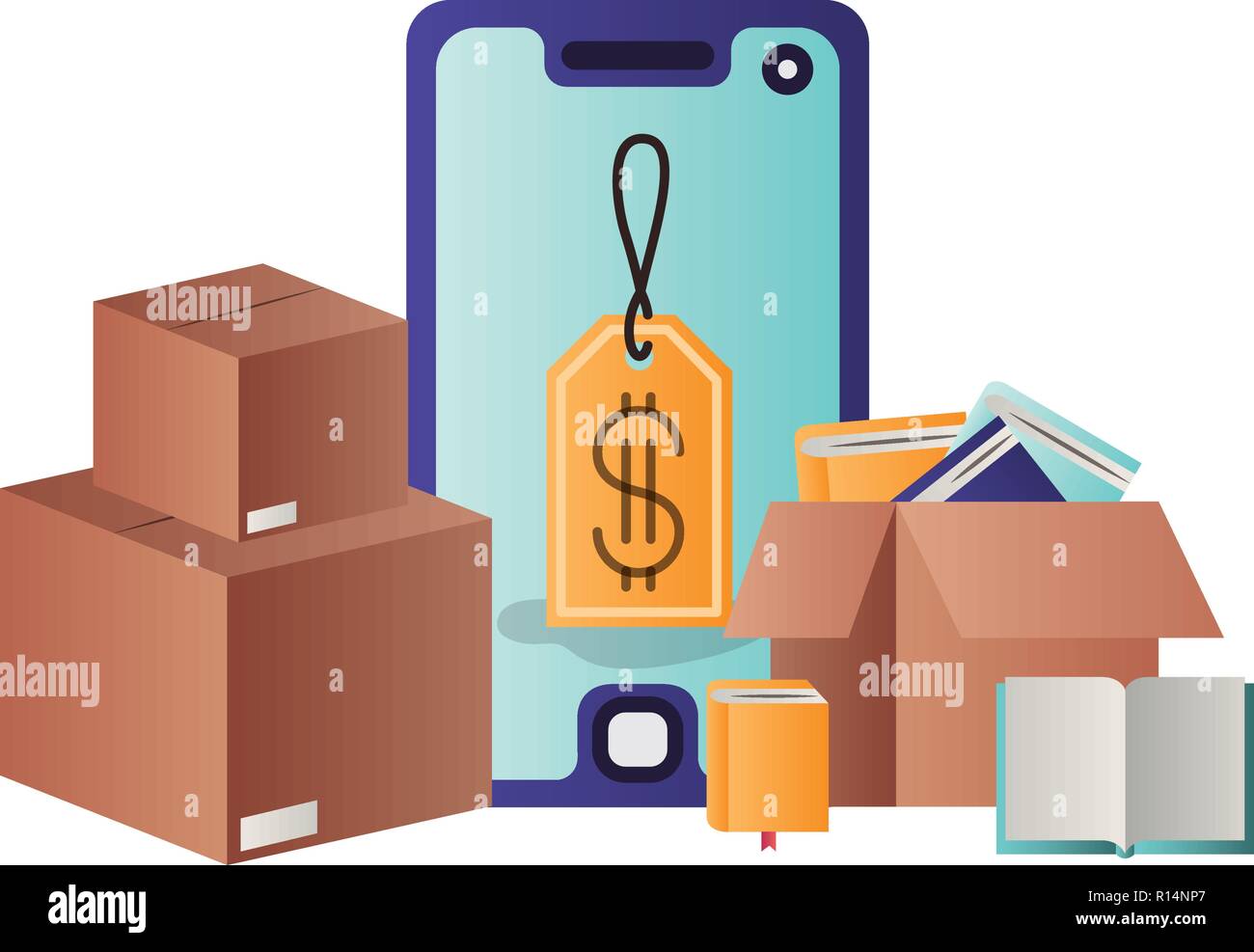 smartphone with tag purchase and cardboard boxes Stock Vector