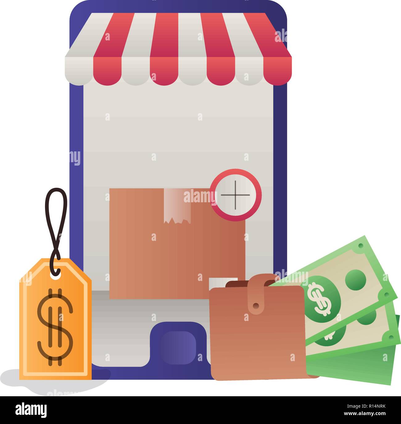 smartphone with tag purchase and cardboard boxes Stock Vector