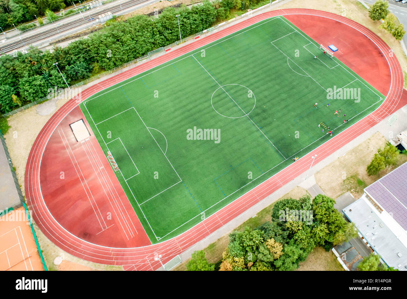 Aerial view of a smal sports soccer football field in village near andernach koblenz neuwied in Germany Stock Photo