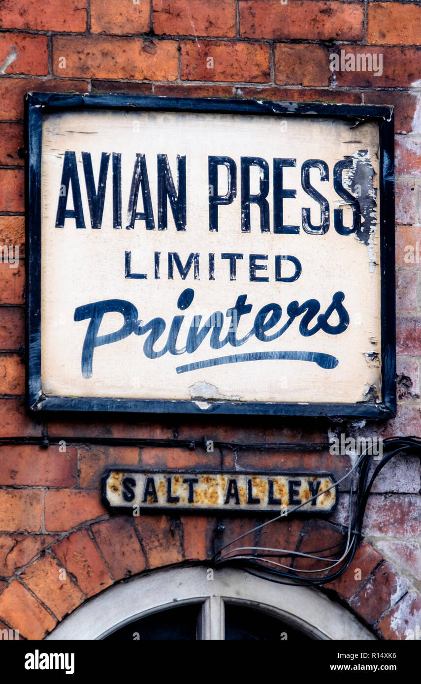 Ashbourne, a small town in the Derbyshire Dales, England UK  Avian Press sign, salt alley Stock Photo