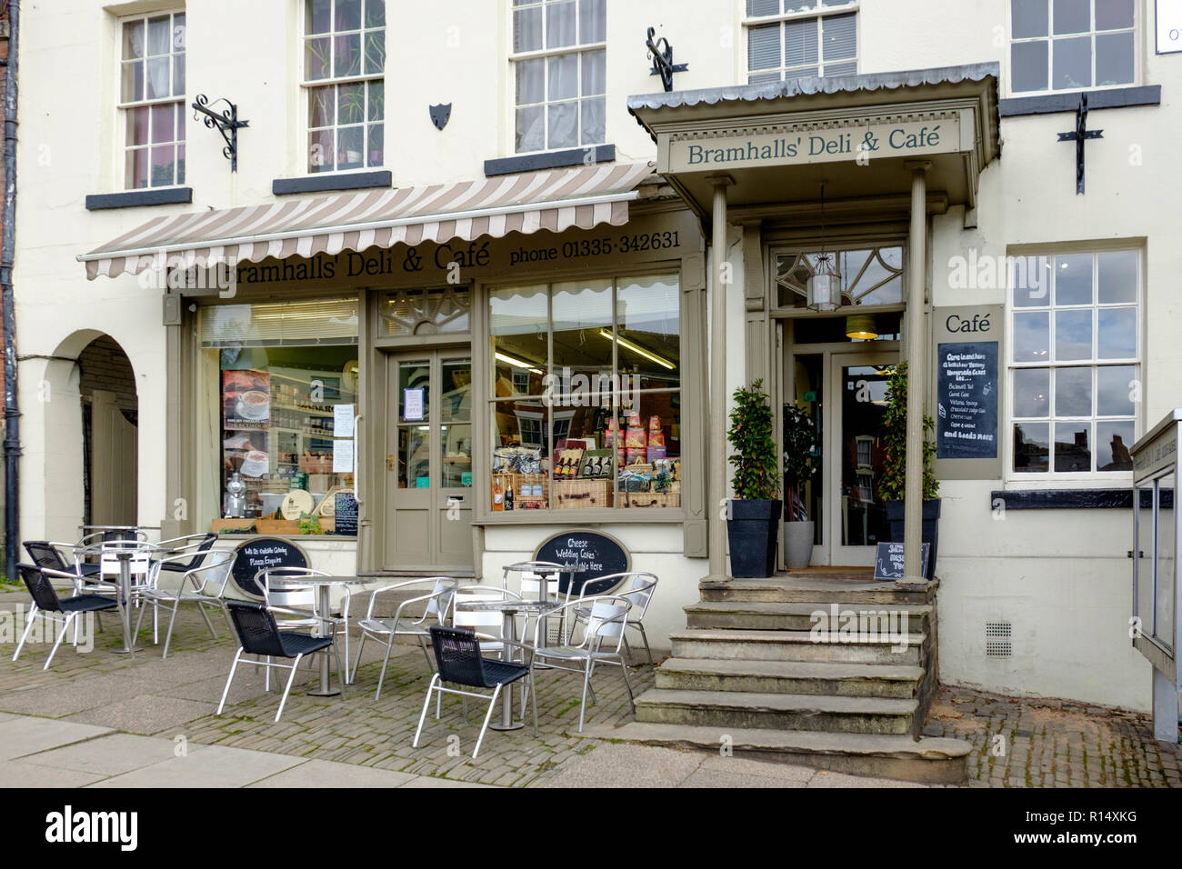 Ashbourne, a small town in the Derbyshire Dales, England UK. Bramhalls deli and cafe Stock Photo