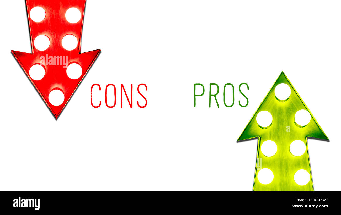 Pros and cons red and green left right up down vintage retro arrows illuminated light bulbs. Concept for advantages and disadvantages, risk and opport Stock Photo