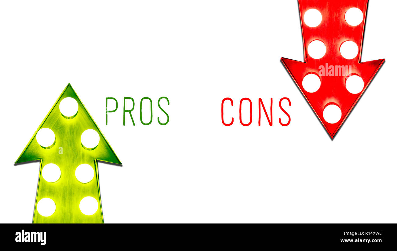 Pros and cons red and green right left up down vintage retro arrows illuminated light bulbs. Concept for advantages and disadvantages, risk and opport Stock Photo