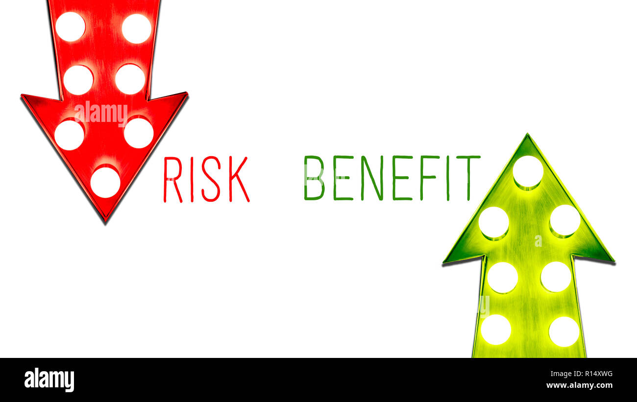 Risk benefit red and green left right up down vintage retro arrows illuminated light bulbs. Concept for advantages and disadvantages, risk and opportu Stock Photo