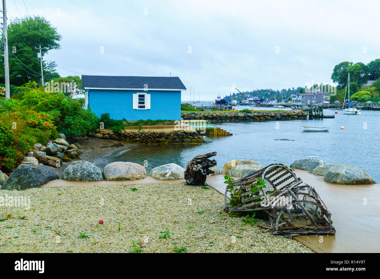 View of bay, boats and houses in Chester, Nova Scotia, Canada Stock Photo