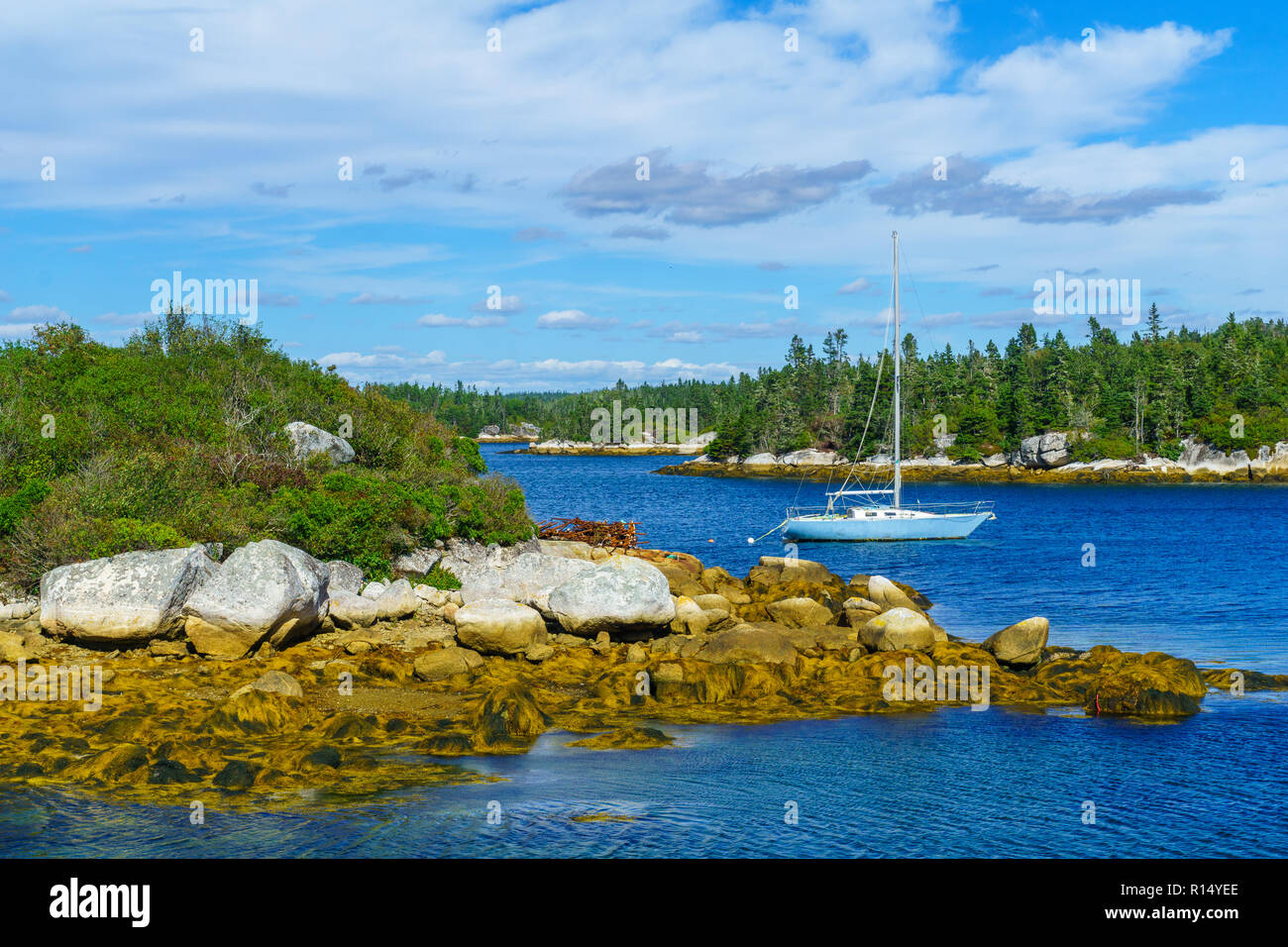View of a bay and sailboat in west Dover, Nova Scotia, Canada Stock