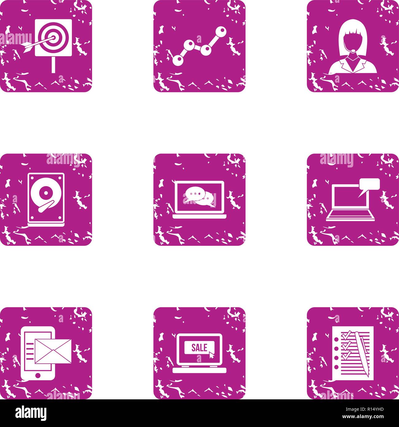 Record data icons set, grunge style Stock Vector