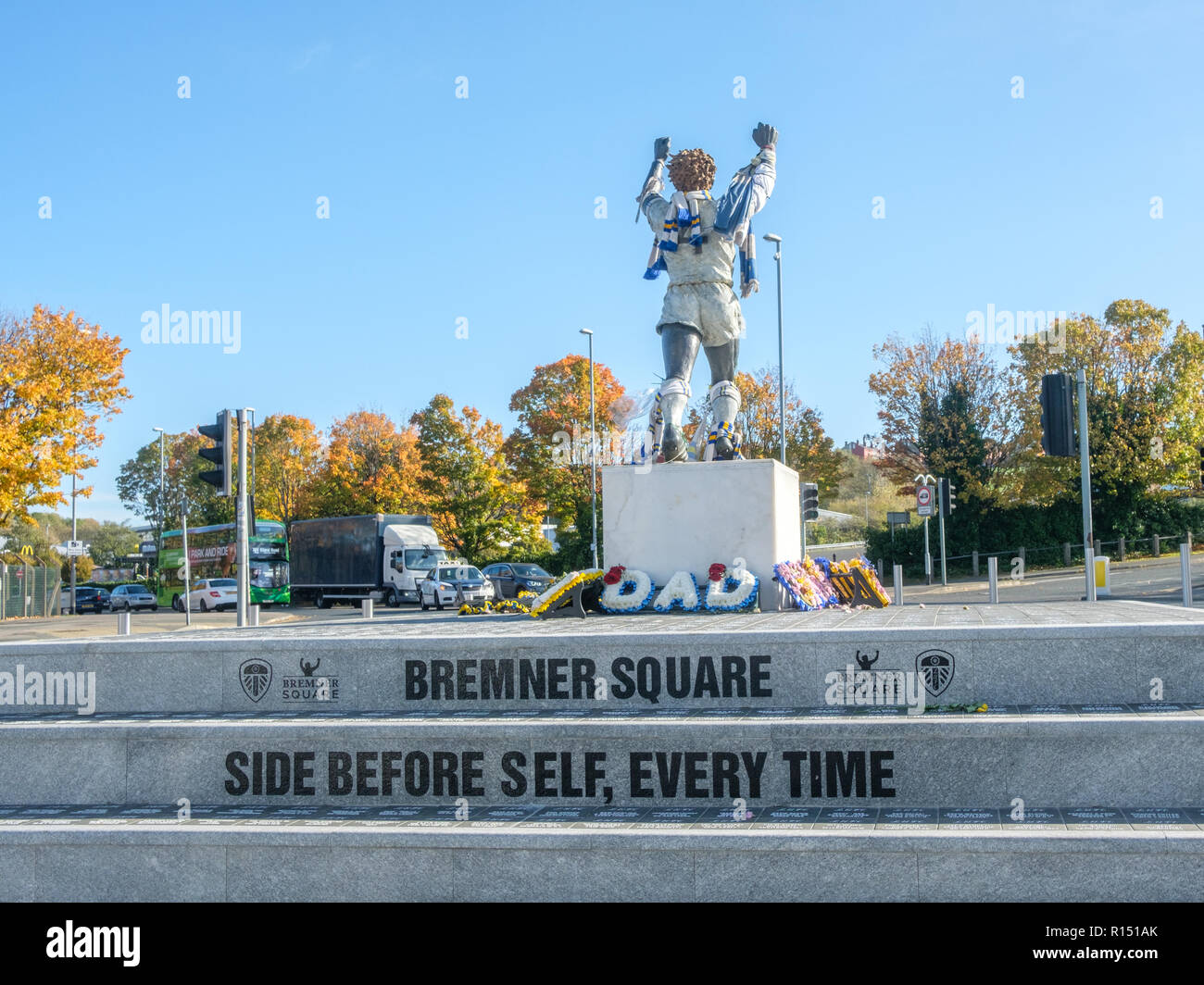 : Bremner square outside Elland Road stadium. Billy Bremner was legendary football player and captain of Leeds United and Scotland. Stock Photo