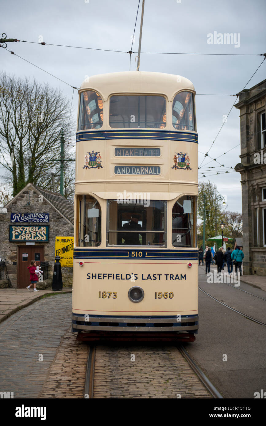 Sheffields Last Tram proudly on route at Crich Tramway Village, Derbyshire, UK Stock Photo