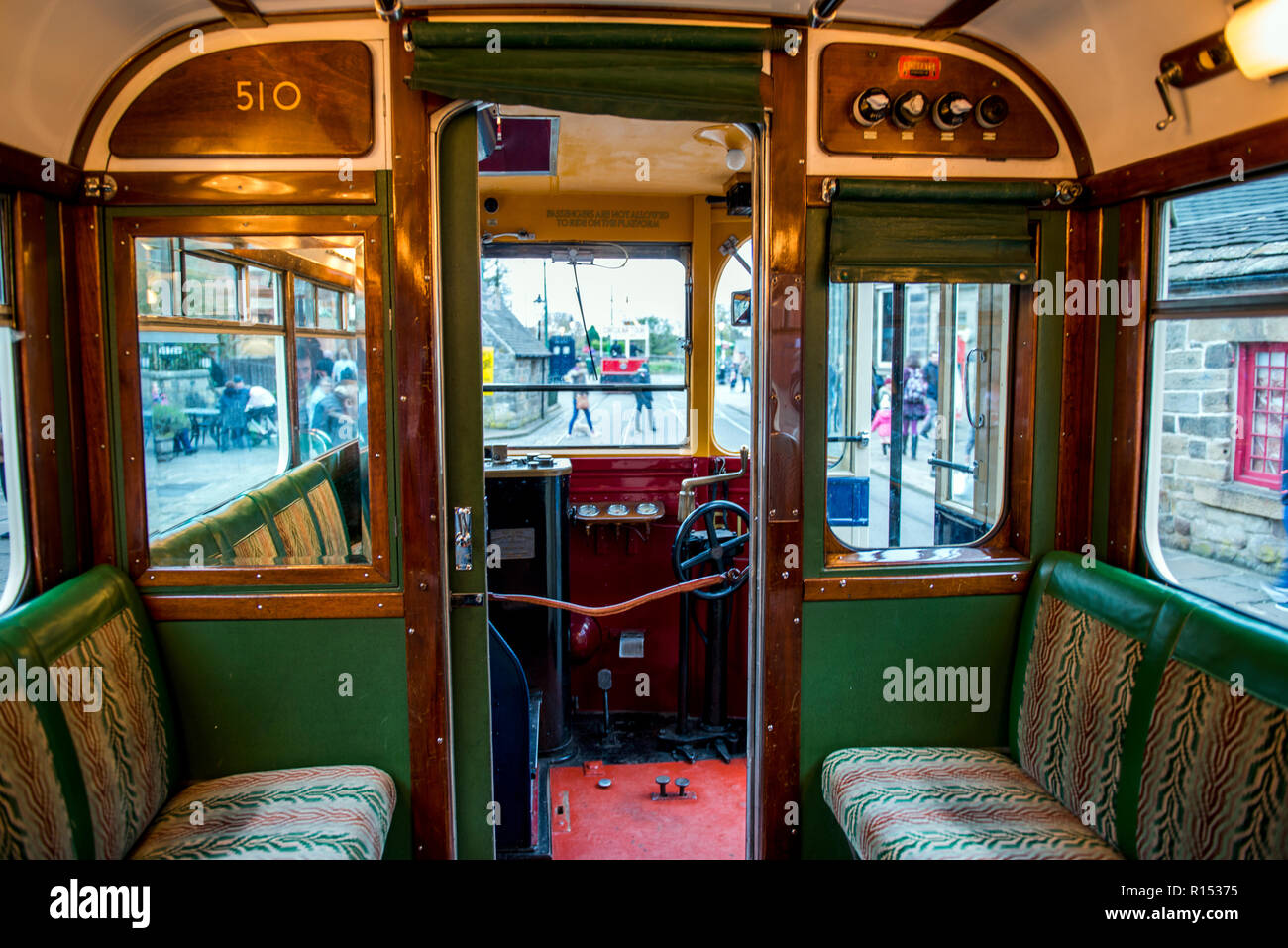 The interior of Sheffields Last Tram that is proudly on route at Crich Tramway Village, Derbyshire, UK Stock Photo