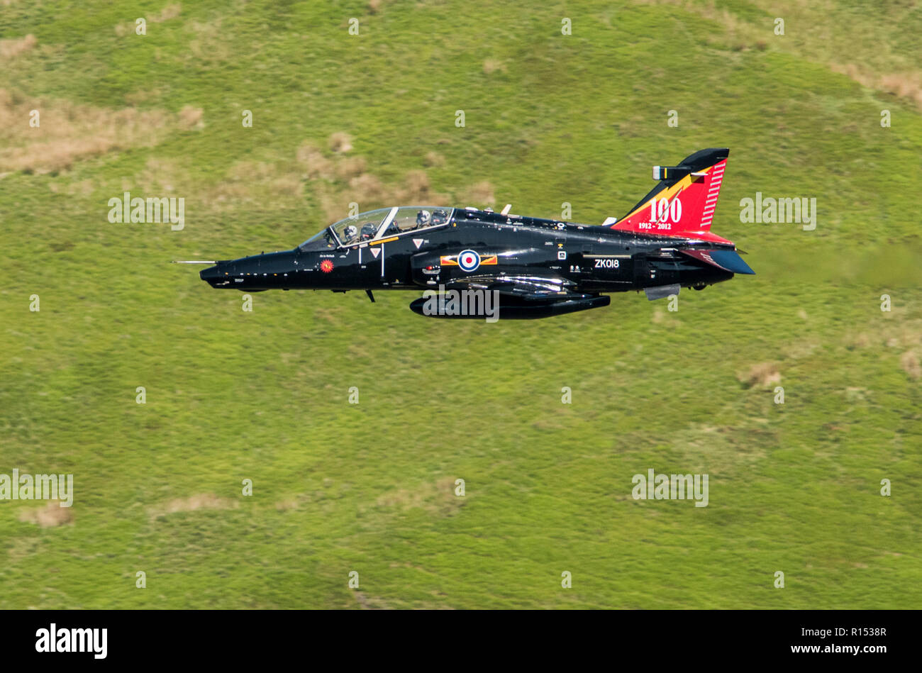 RAF HawkT1 fighter jet training in the Mac Loop area of Machynlleth Mid Wales England UK. Stock Photo