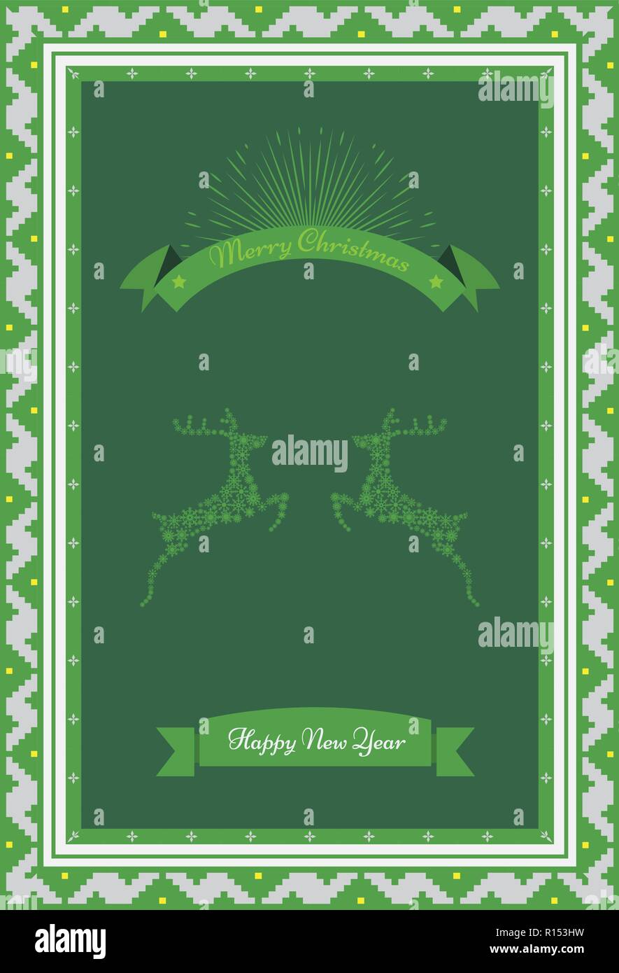 Christmas greeting card with Christmas Border and snowflake reindeer. Vector illustration. Stock Vector