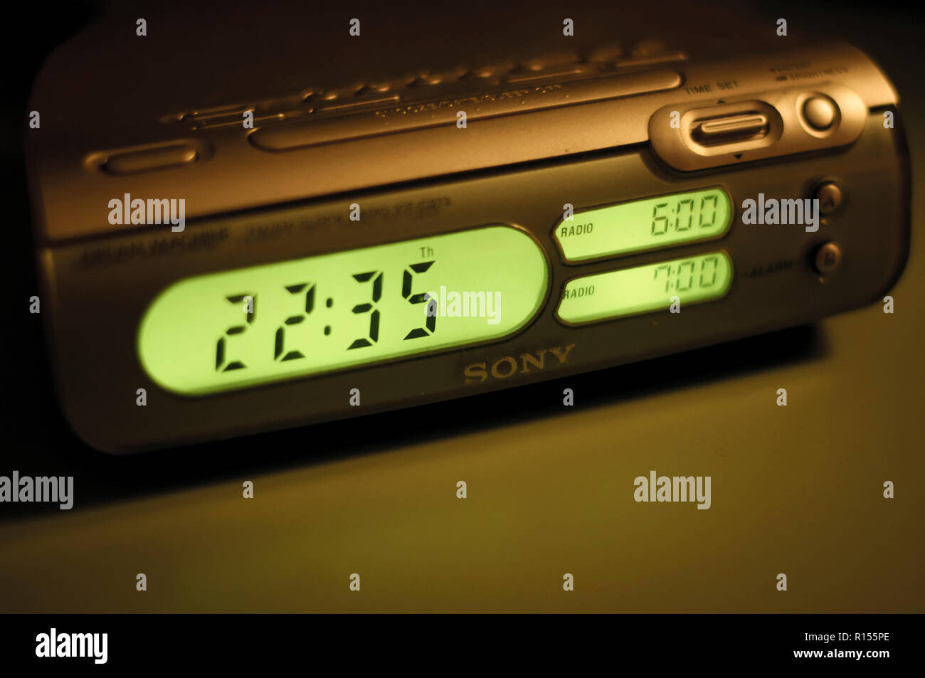 Alarm clock with sony radio Stock Photo