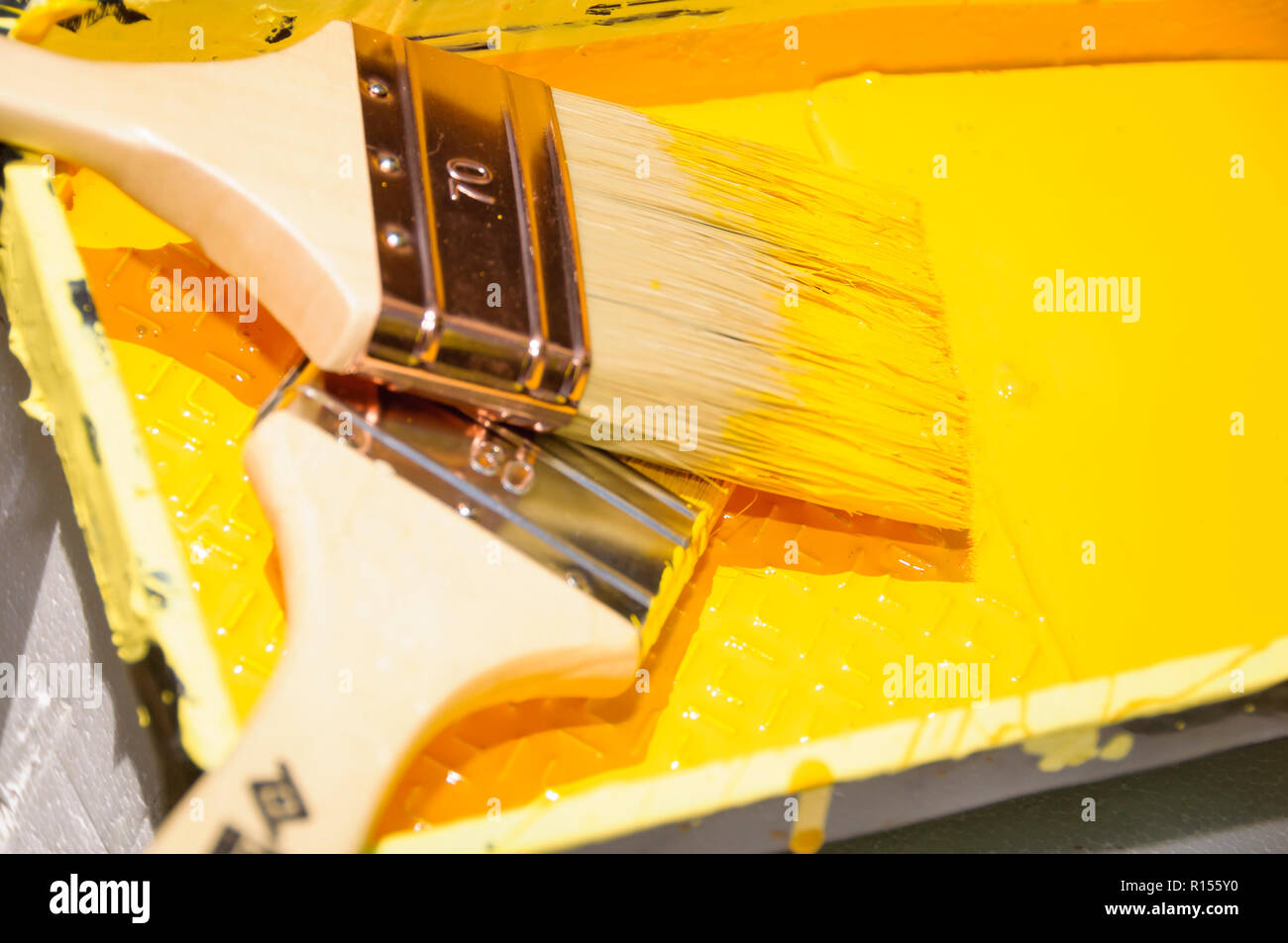 People paint yellow ribbon Stock Photo