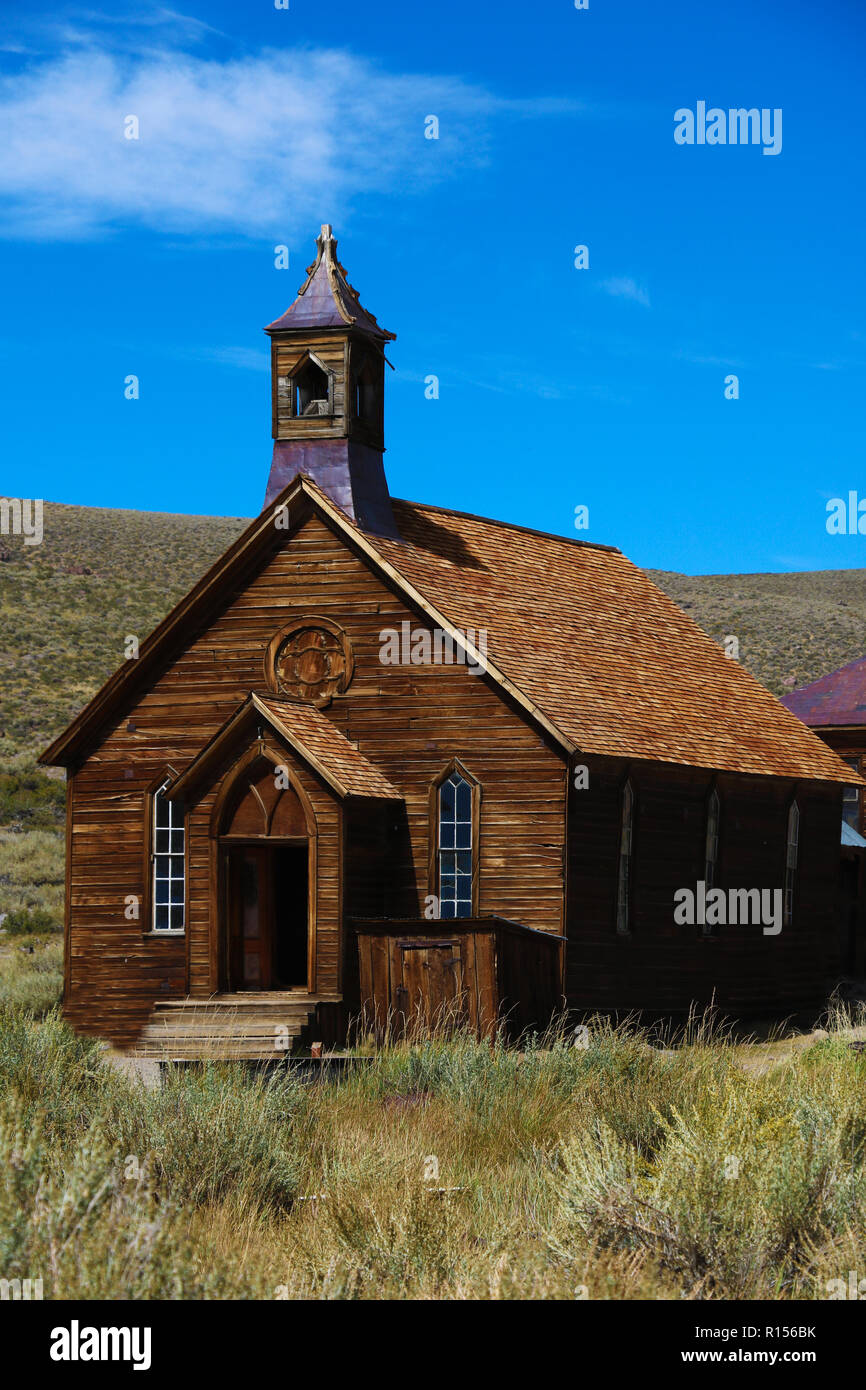 Beautiful view of the church. Old church in a ghost town on a sunny day. Stock Photo