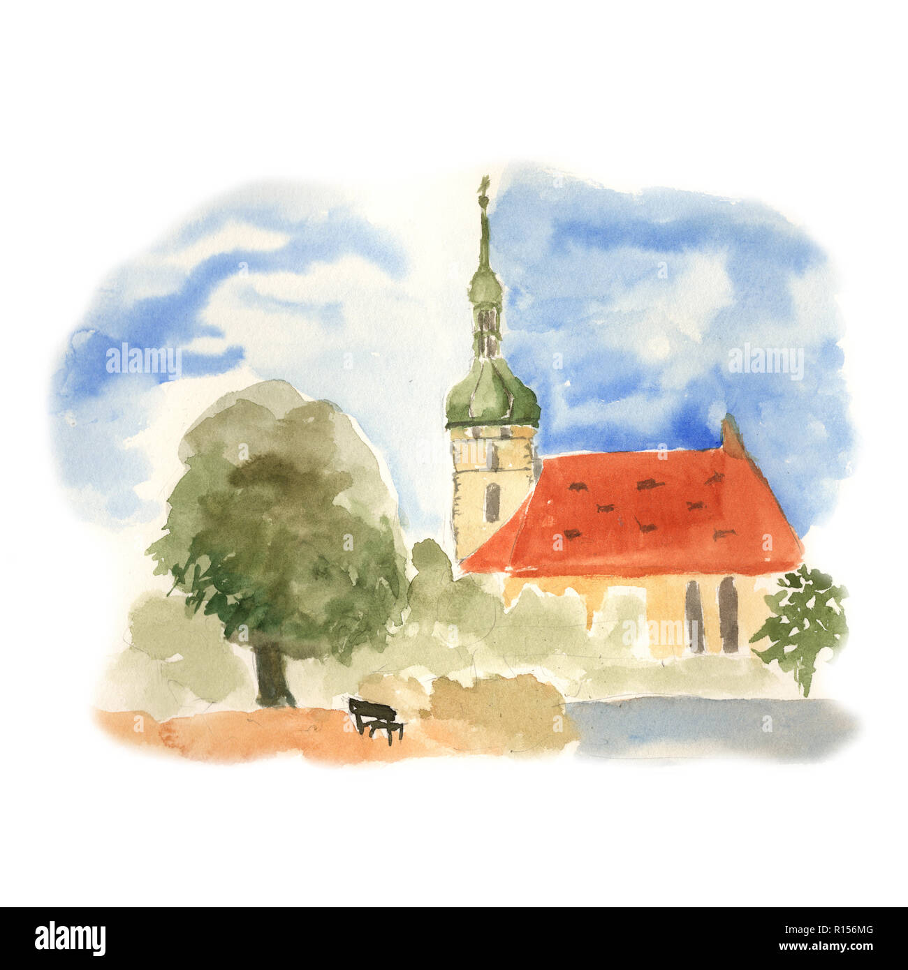 Czech small church watercolor illustration. Architectural poster hand  drawing background. For postcard book sketch Stock Photo - Alamy