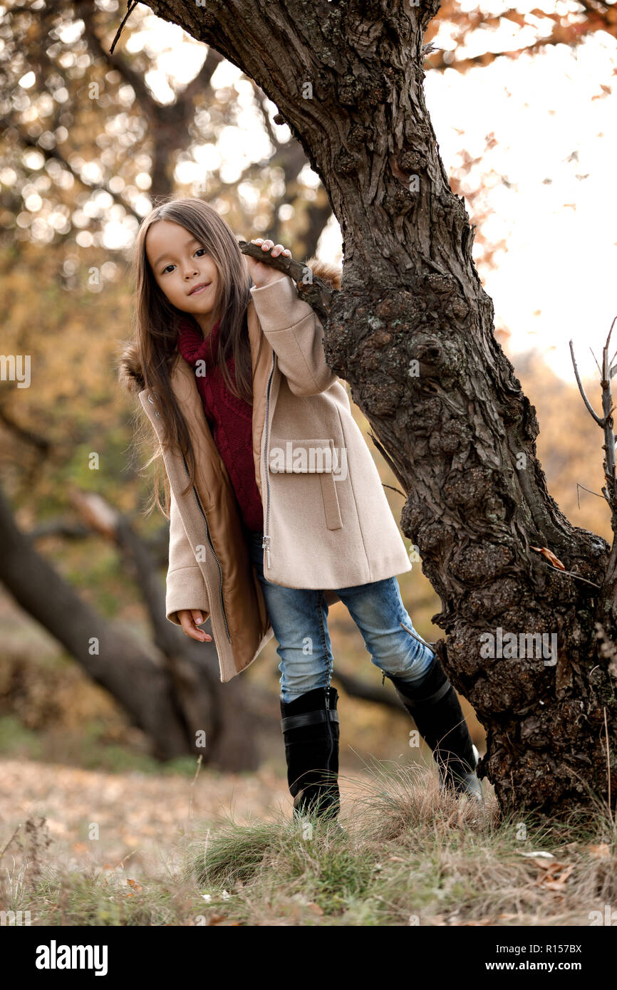 little girl playing with autumn fallen leaves Stock Photo - Alamy