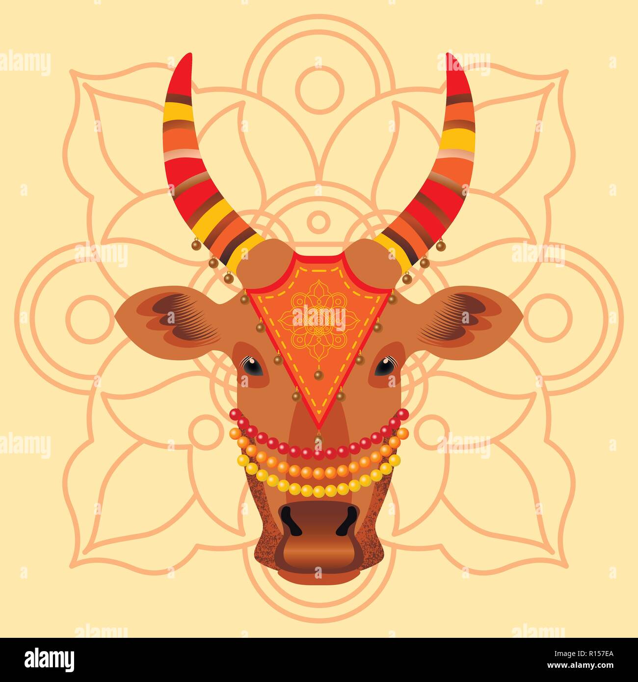 Maatu Pongal. Hindu harvest festival in India and Sri Lanka. The concept of the event. The head of a cow, decorated with cloth with embroidery, beads, Stock Vector