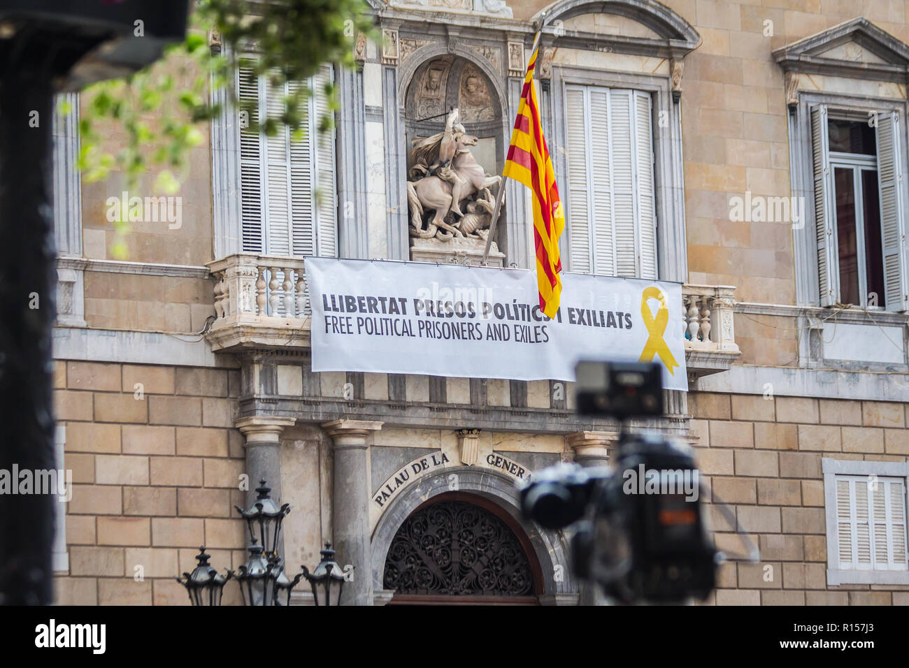 Barselona, Spain - August 30, 2018 - Building of the Generalitade Catalunya with a banner demanding to release political prisoners Stock Photo