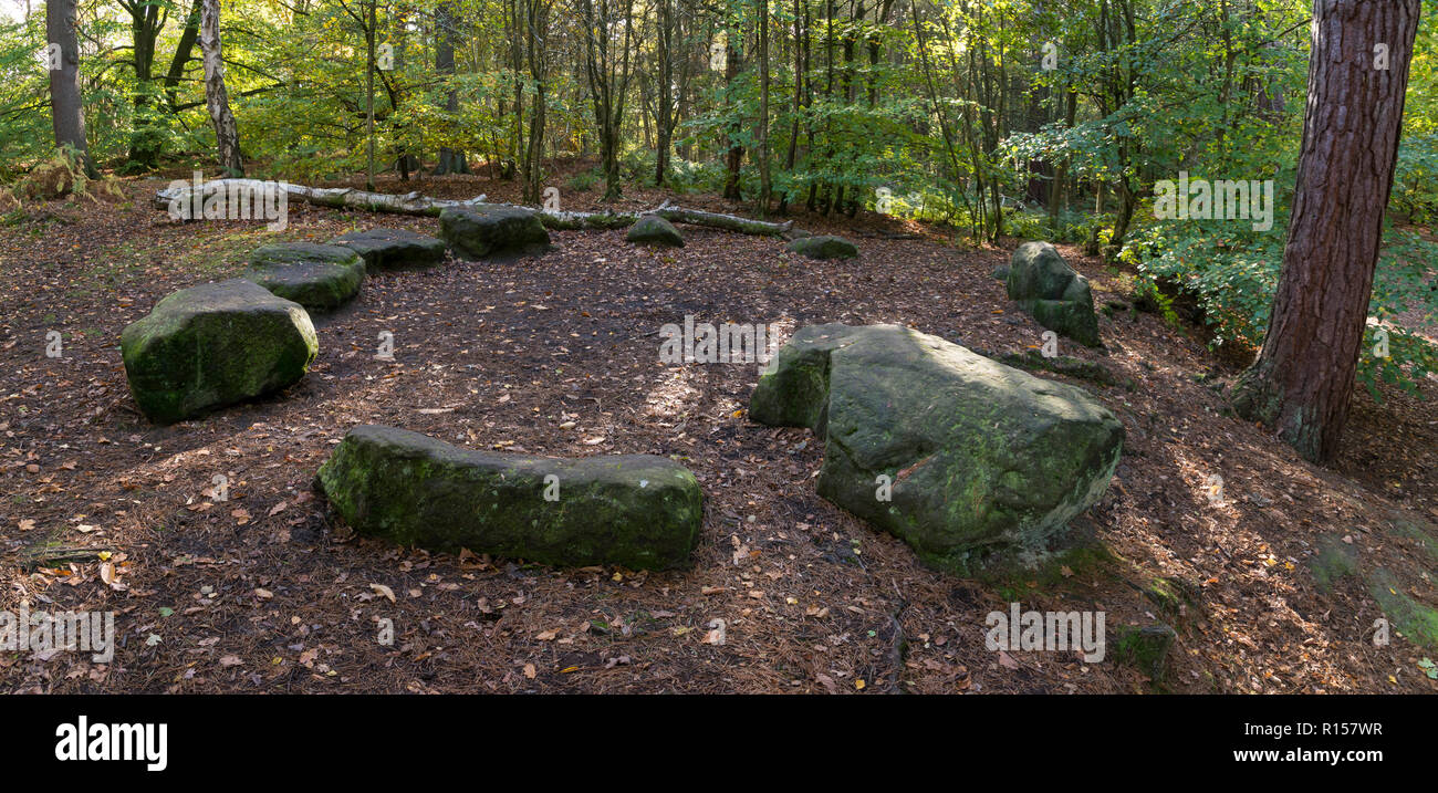 Old stone circle in woodland at Alderley Edge, Cheshire, England. Stock Photo