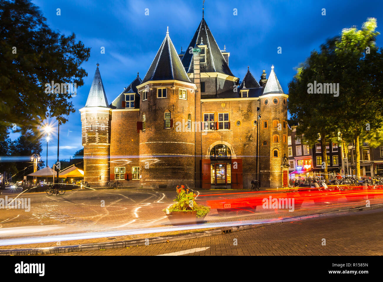 AMSTERDAM, THE NETHERLANDS - September 7, 2018: Amsterdam: famous 'Waag' city gate at night. Stock Photo