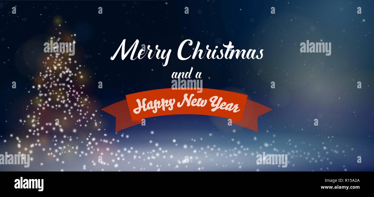 snowy merry christmas and new year greeting card with bokeh lights and ...