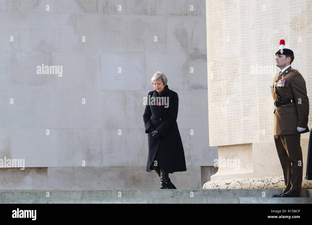 Prime Minister Theresa May leaves a wreath laying ceremony at the Thiepval Memorial in Authuille, France. Stock Photo