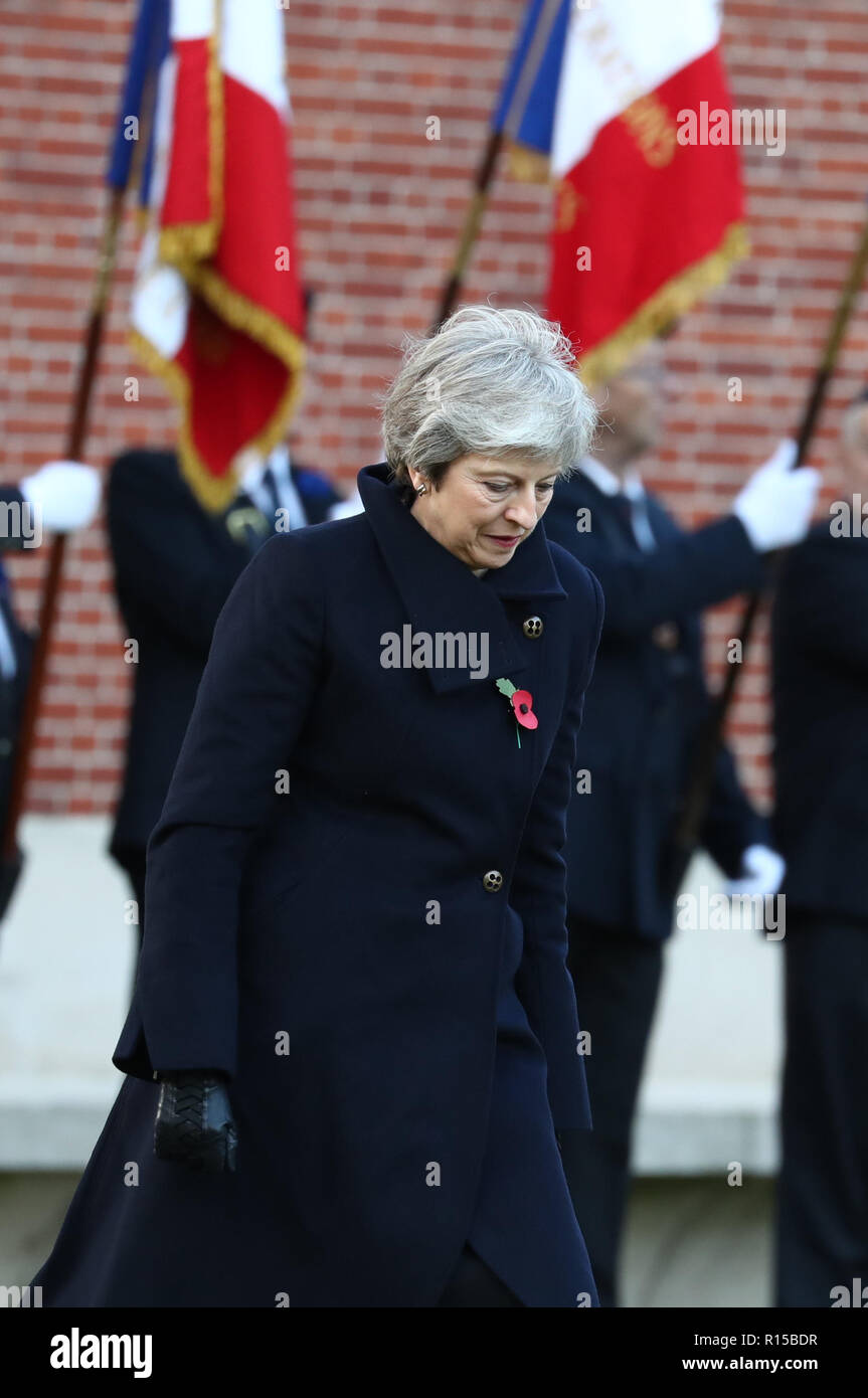 Prime Minister Theresa May attending a wreath laying ceremony at the Thiepval Memorial in Authuille, France. Stock Photo