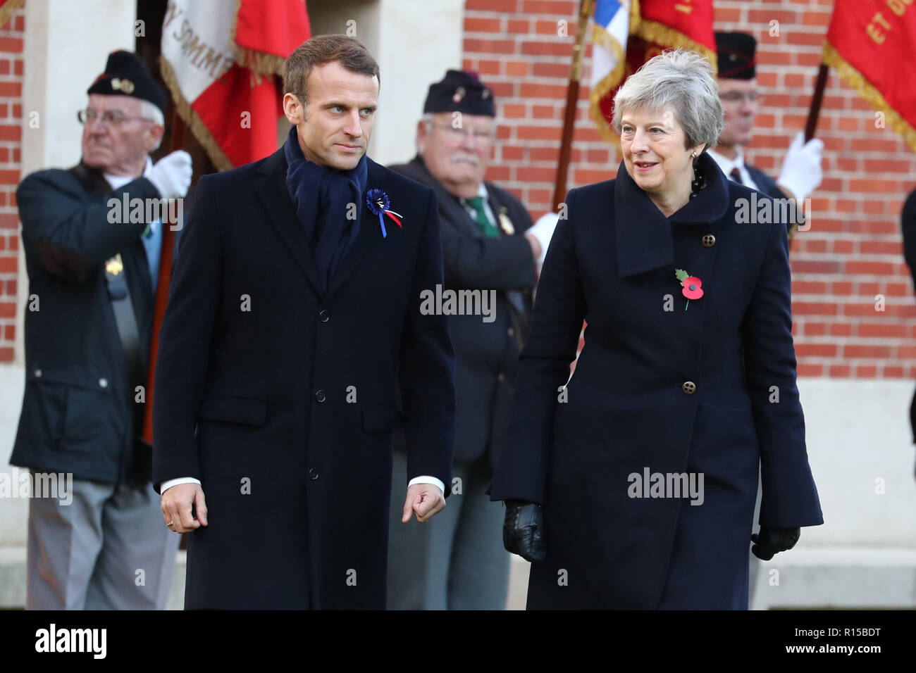 Prime Minister Theresa May and French President Emmanuel Macron attending a wreath laying ceremony at the Thiepval Memorial in Authuille, France. Stock Photo
