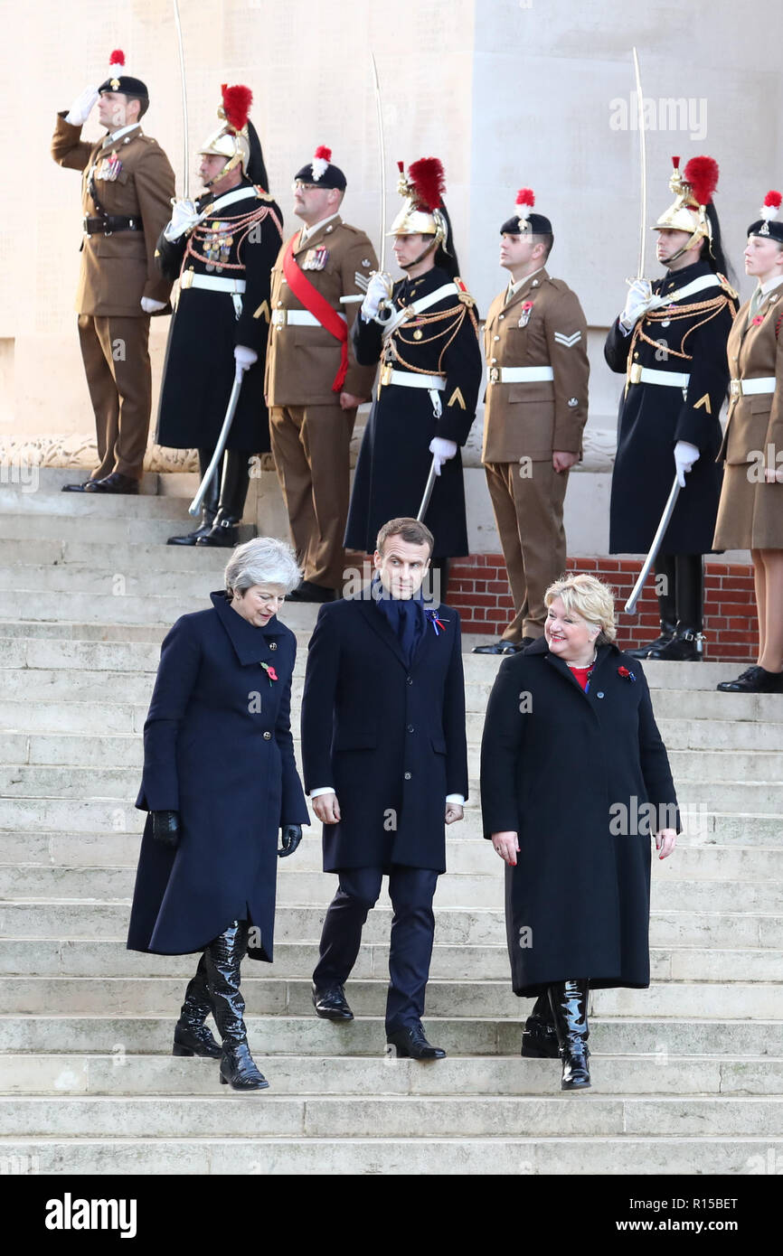 Prime Minister Theresa May and French President Emmanuel Macron attend a wreath laying ceremony at the Thiepval Memorial in Authuille, France. Stock Photo
