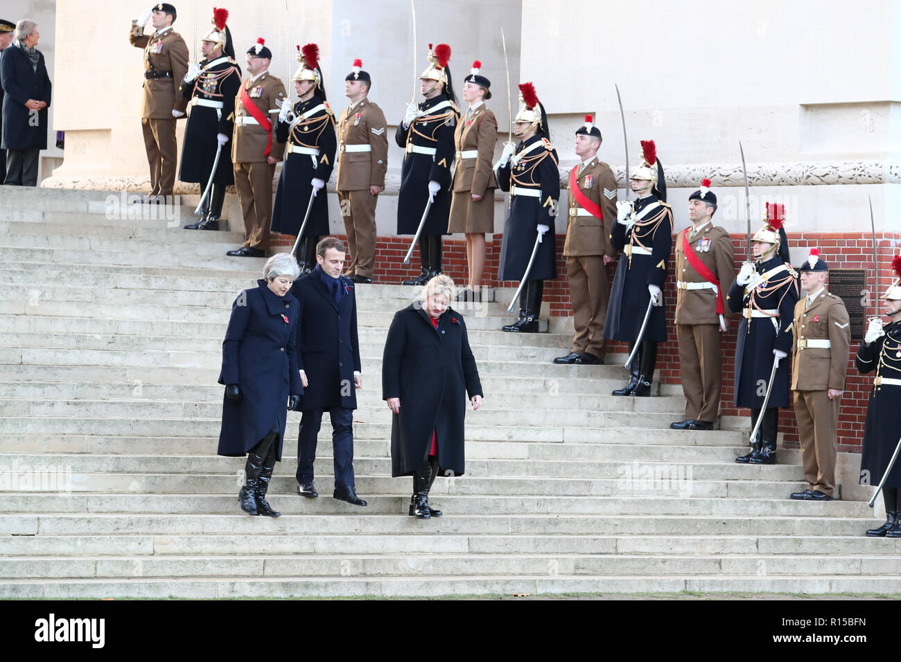 Prime Minister Theresa May and French President Emmanuel Macron attend a wreath laying ceremony at the Thiepval Memorial in Authuille, France. Stock Photo