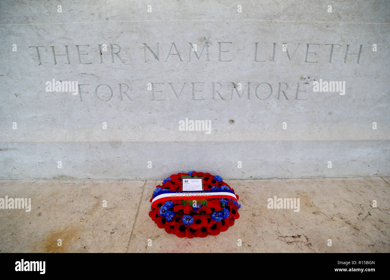 The wreath that was laid by Prime Minister Theresa May and French President Emmanuel Macron at the Thiepval Memorial in Authuille, France. Stock Photo