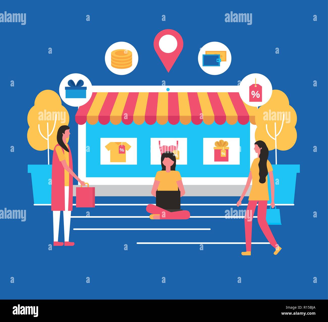 online buying park outdoor store people shop vector illustration Stock