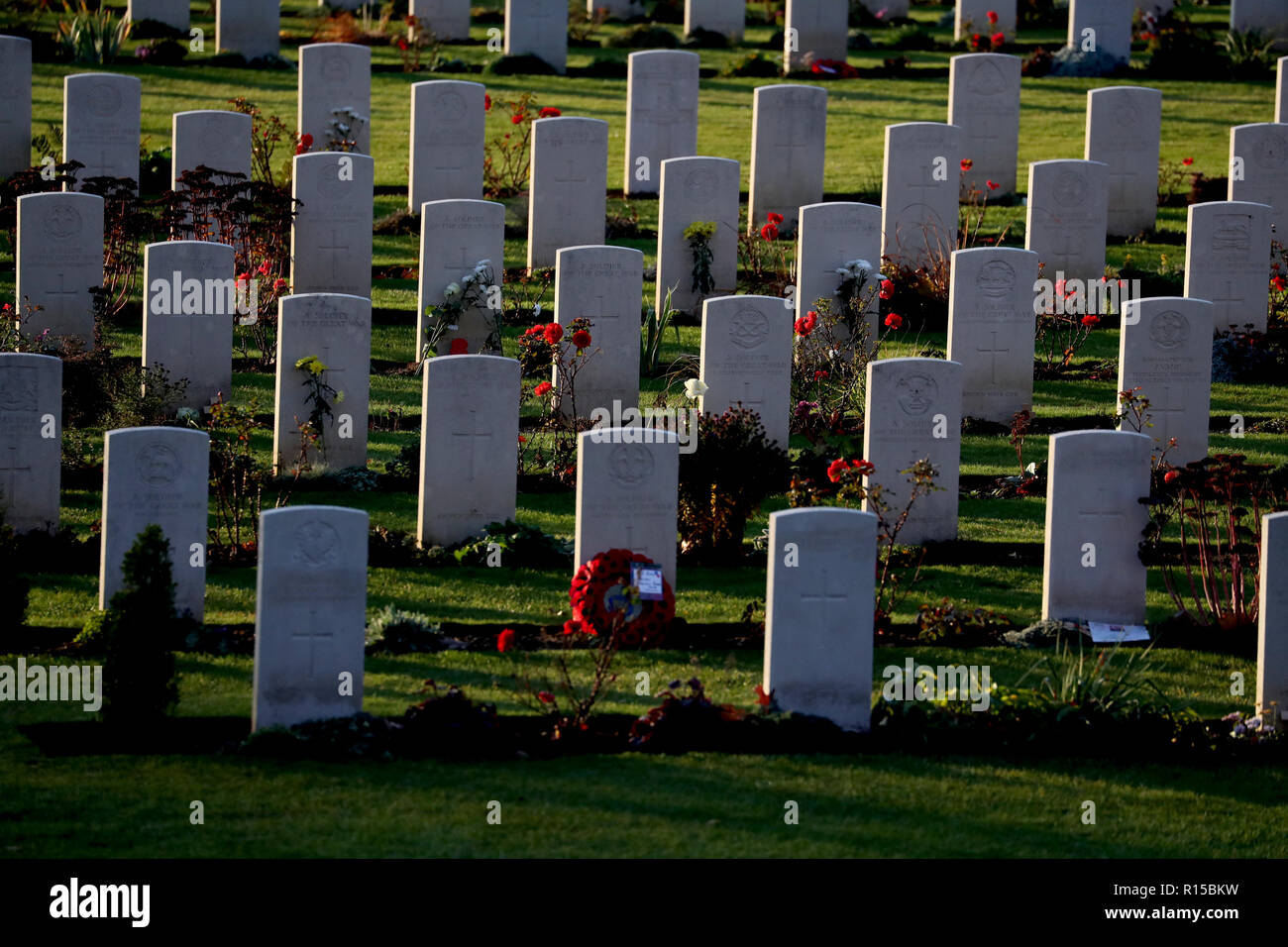 Headstones in the graveyard at the Thiepval Memorial in Authuille, France. Stock Photo