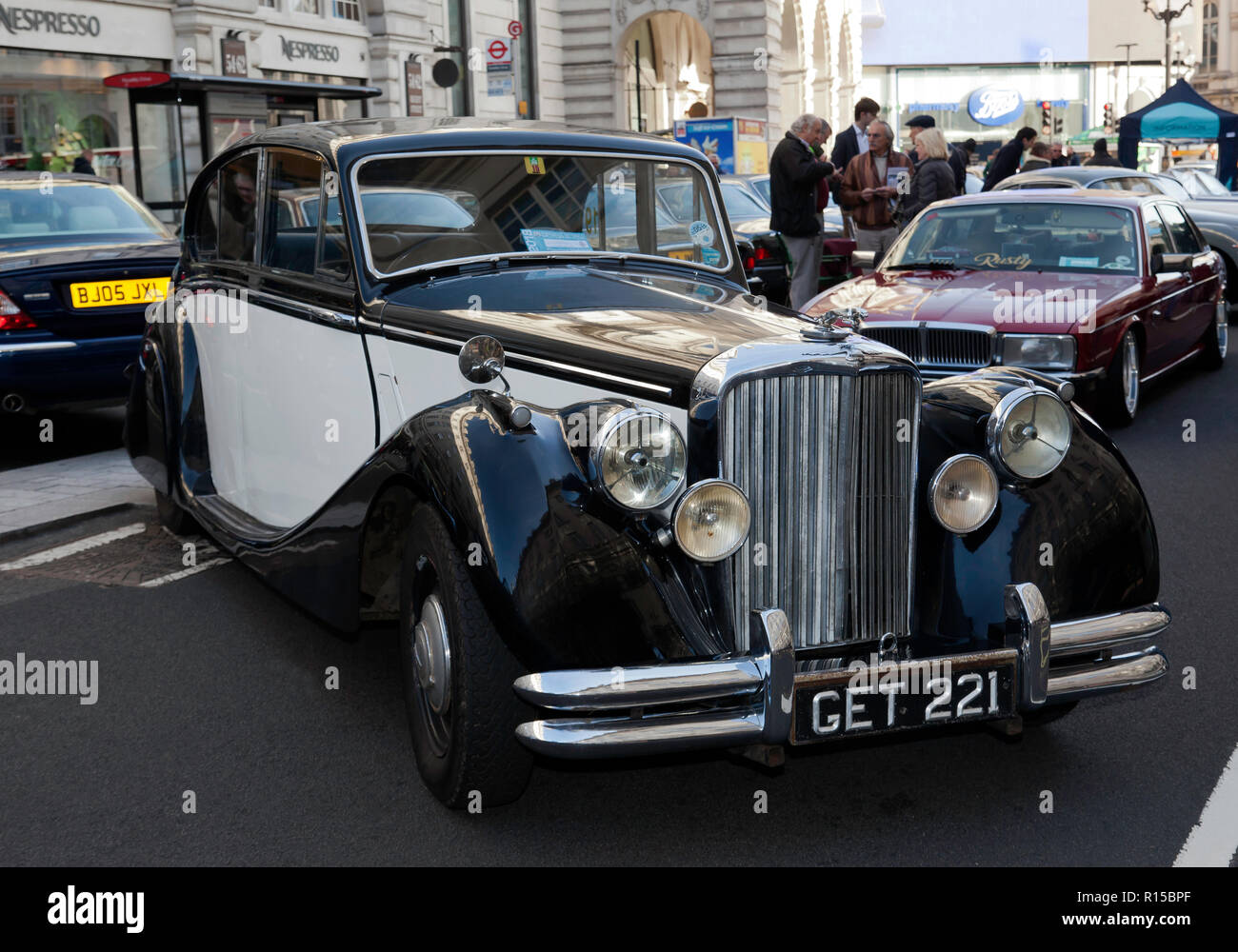 Three-quarter front view of a 1950 Jaguar Mark V Saloon, on display at the Regents Street Motor Show 2018 Stock Photo