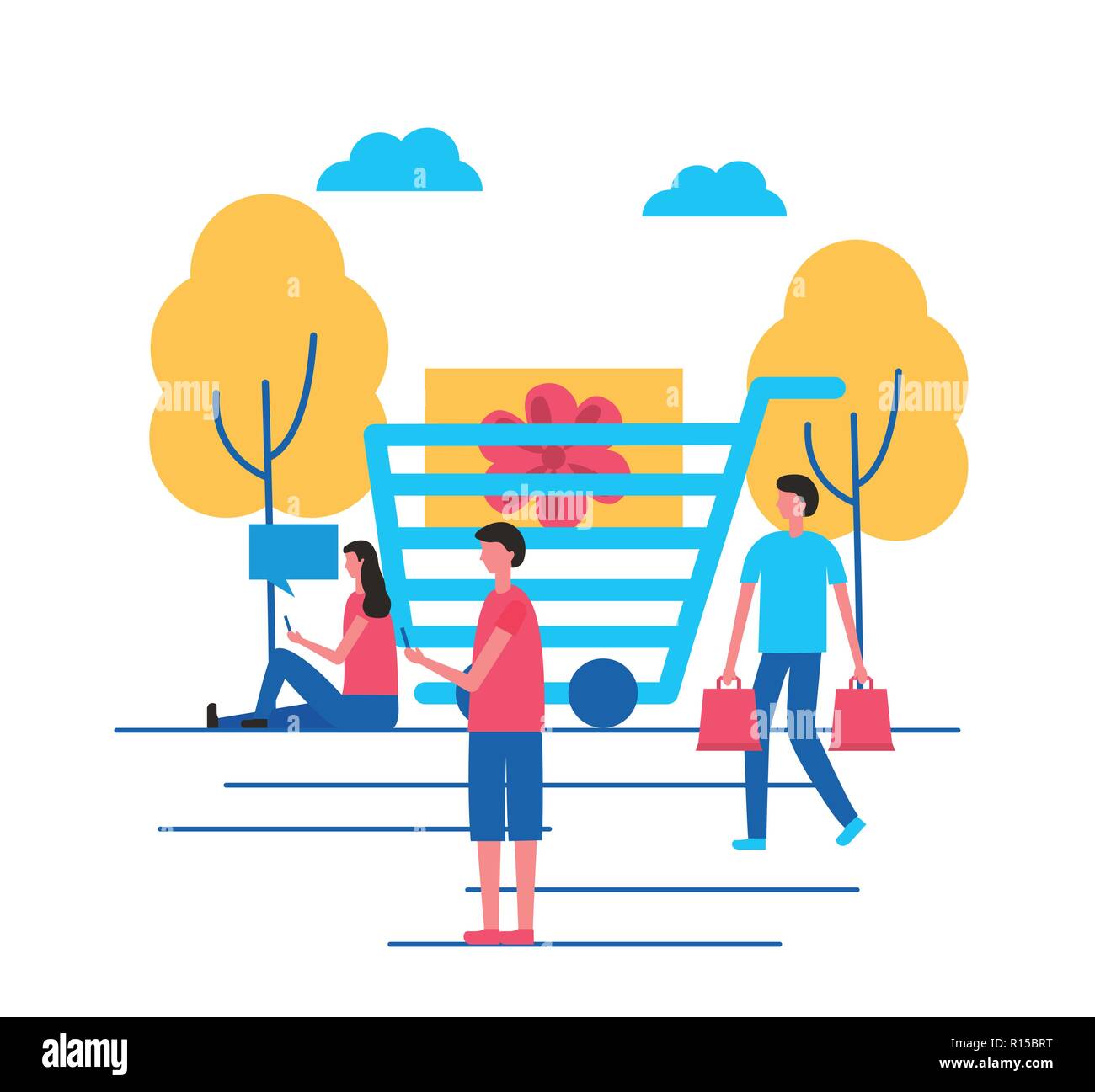 online buying park people outdoor shopping cart vector illustration