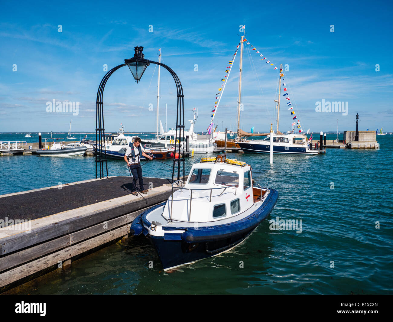Royal Yacht Squadron, Private Jetty, Cowes Harbour, Cowes, Isle of Wight, England, UK, GB. Stock Photo