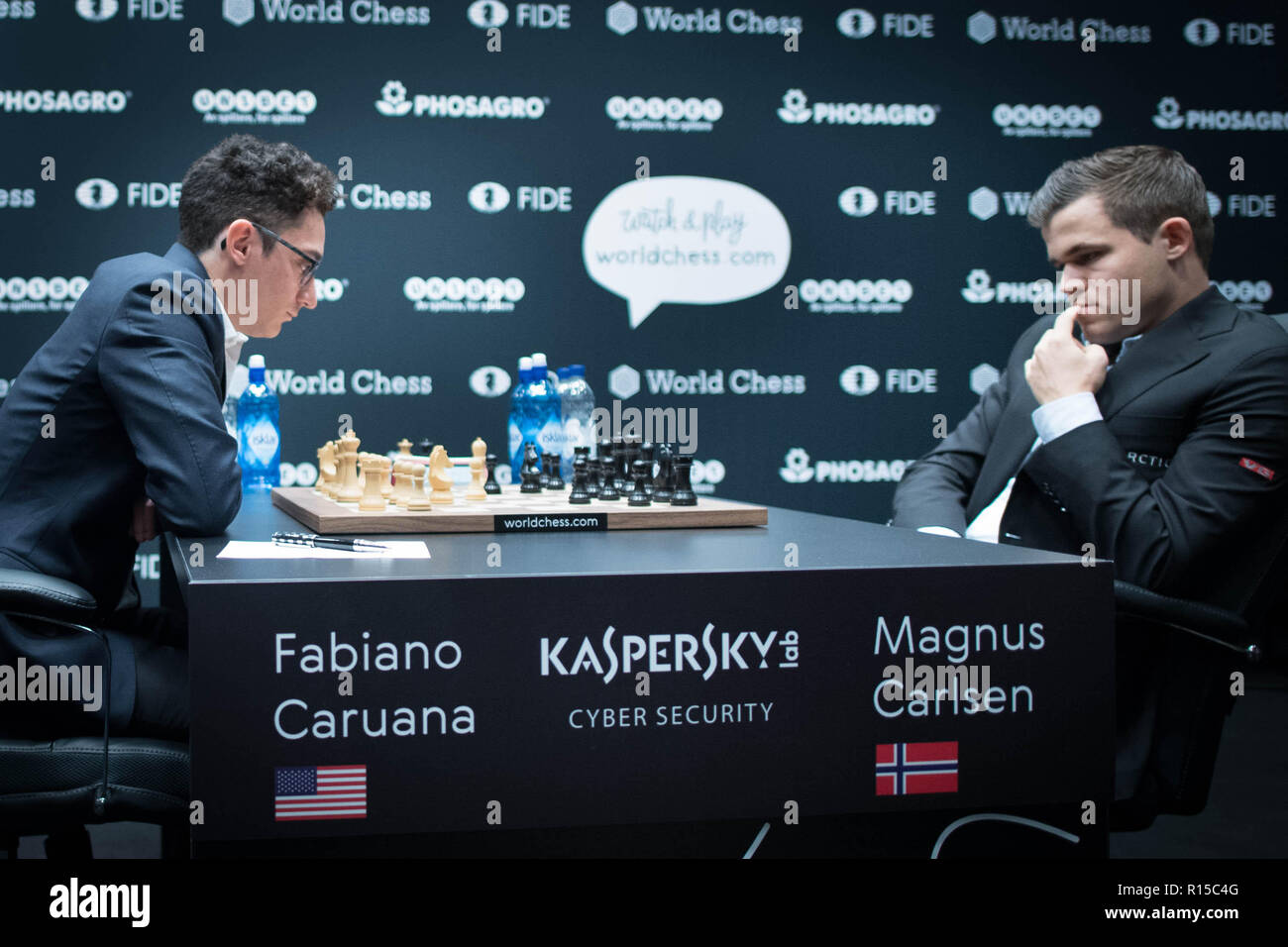 Reigning FIDE world chess champion Magnus Carlsen (right), defends his  title against US challenger Fabiano Caruana, during the first game of the  FIDE World Chess Championship at The College, Southampton Row in