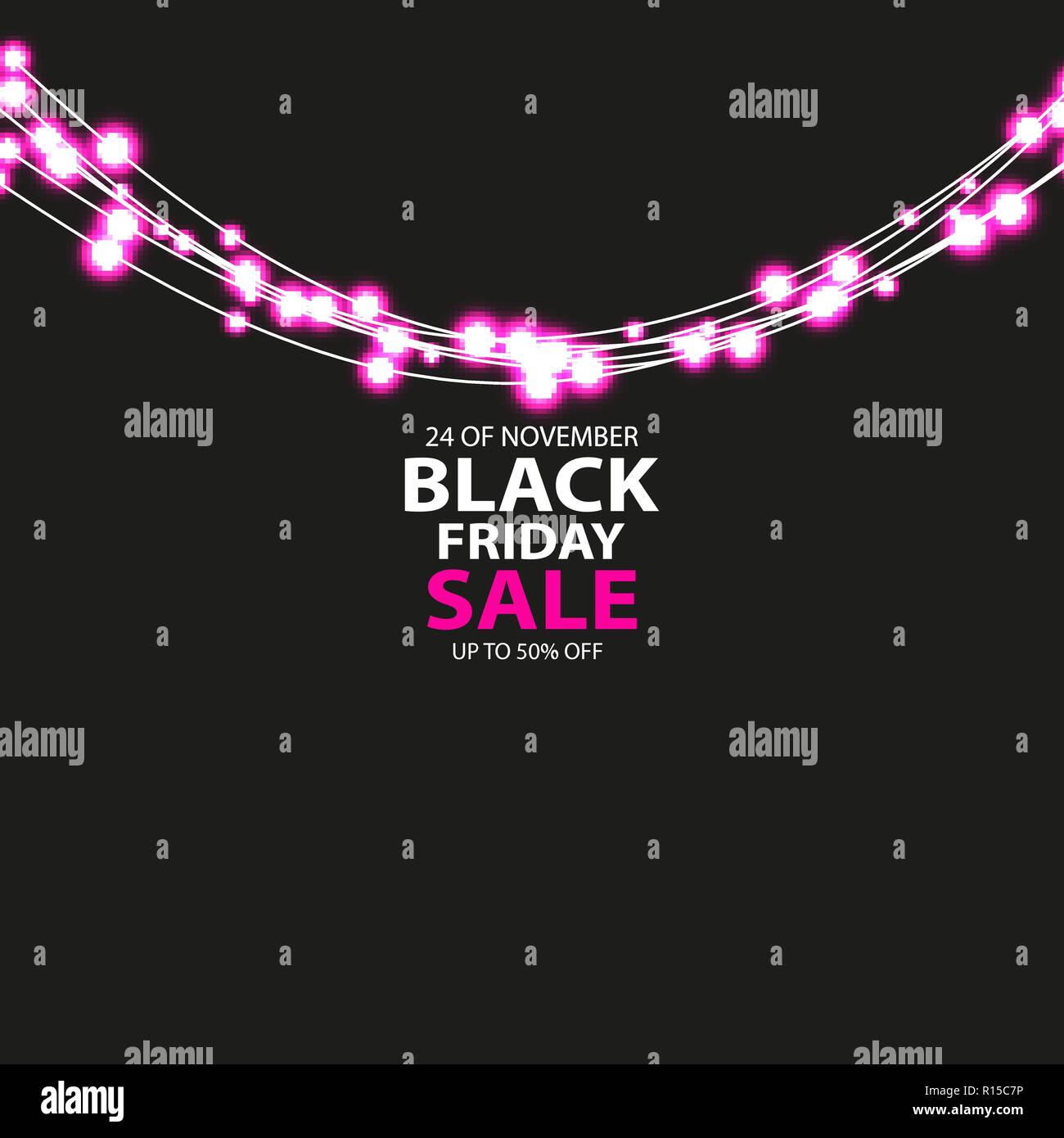 Black Friday sale poster with shining red light bulbs on dark background. Vector illustration Stock Vector