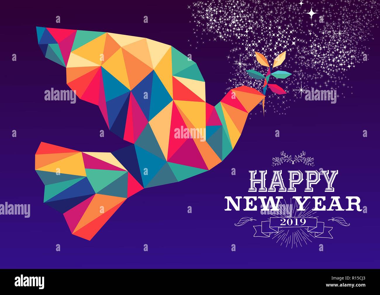 Happy new year 2019 greeting card or poster design with colorful triangle peace dove and vintage label illustration. EPS10 vector. Stock Vector