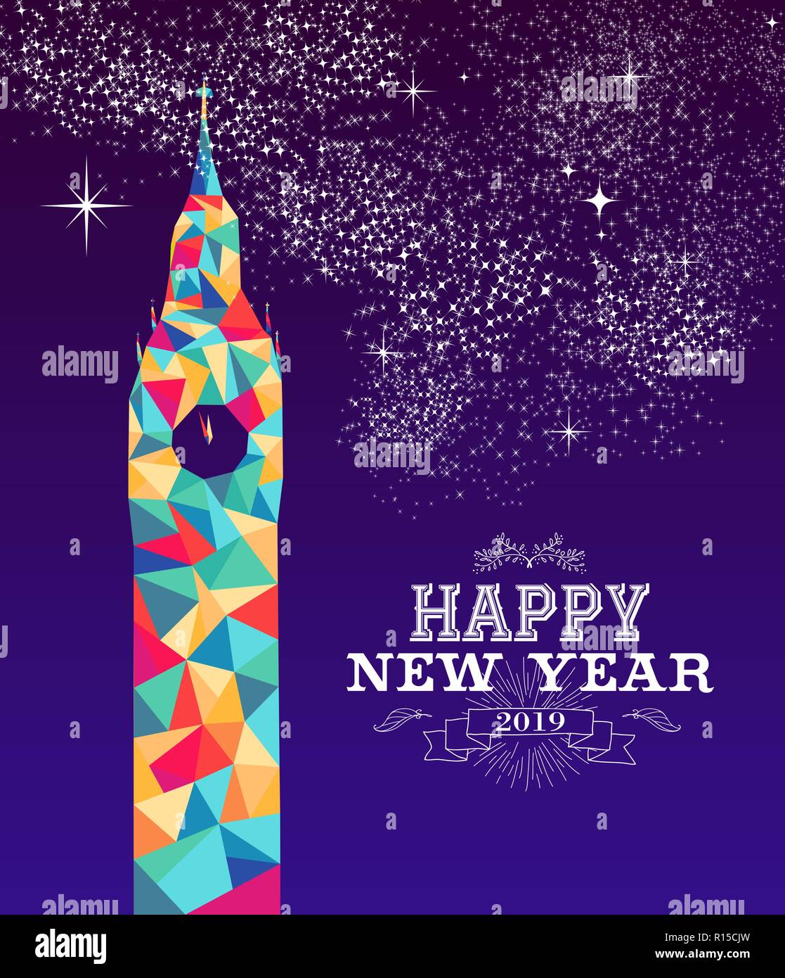 Happy new year 2019 greeting card or poster design with colorful triangle England monument and vintage label illustration. EPS10 vector. Stock Vector