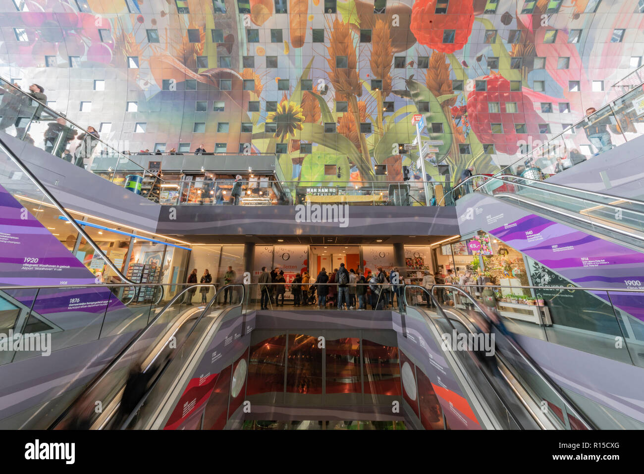ROTTERDAM, 2 April 2018 - Inner view of the Marthal (in Dutch) shopping mall building decorated with paintings on all over the ceiling and its parking Stock Photo