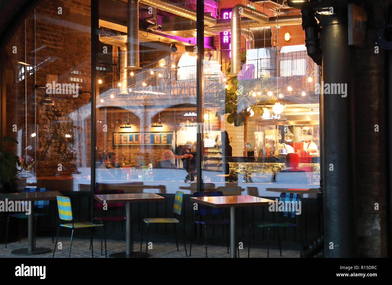 Interior of funky Casa and Plaza Pastor on yard level at Coal Drops